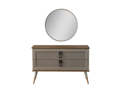 Brown designer chest of drawers elegant round mirror luxury dressing table set 2 pieces