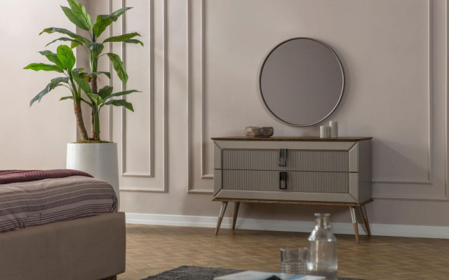 Brown designer chest of drawers elegant round mirror luxury dressing table set 2 pieces