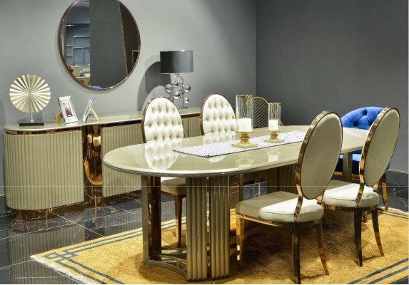 Luxury Dining room Dining set Dining corner Dining table Chairs Beige Set 9pcs Wood