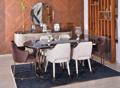 Dining room Dining set Dining corner Luxury Dining table Chairs Beige Set 9pcs Wood