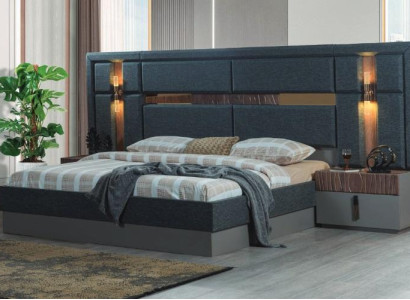 Dark Gray Double bed Designer Wood Bedside tables bedroom set