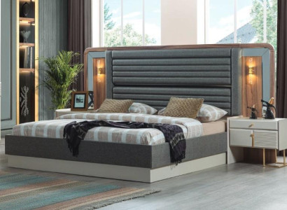 Gray Beds Designer Bedroom Double bed 2x Wood Bedside tables 3pcs