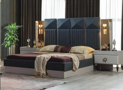 Modern Bedroom Furniture Designer Gray Bed 2x Wood Bedside tables 3pcs
