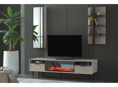 Beige Wall unit Designer TV Wardrobe Wall shelf Luxury Wood Shelf 3-piece set