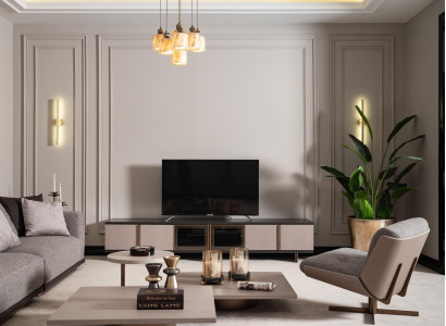 Living room Suite Armchair TV-cabinet Lowboard Coffee tables Wood Beige 6-piece