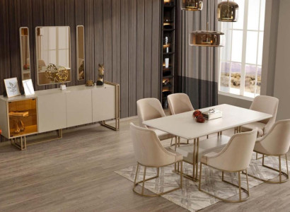 Luxurious dining room set dining table + 6x chairs + sideboard + 3x mirror 11 pieces