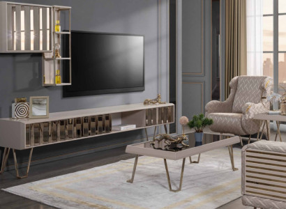 TV stand TV cabinet wall shelves coffee table beige metal modern living room set 3 pieces