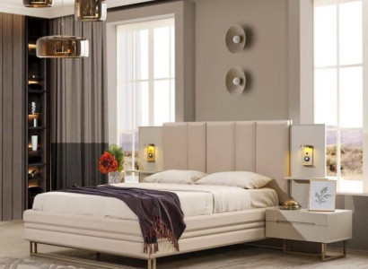 Bedroom Set Luxury Complete's Beige Bed 2x Bedside tables Modern