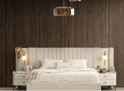 Luxury Bedroom Bed and 2x Bedside tables 3-piece. Set of design furnishings