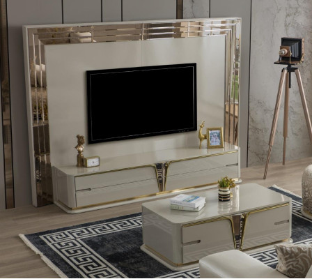 TV stand TV-cabinet Lowboard Sideboard Living room Gold Beige Luxury Wood new