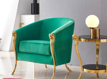 Green luxury armchair upholstered furniture gold feet living room single seater new