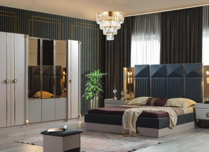 Luxurious Bedroom Furniture Upholstery Double bed Wood Bedside tables Wardrobe