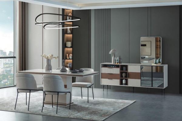 White Dining set Rectangular Dining table 4x Chairs Sideboard Luxury Mirror