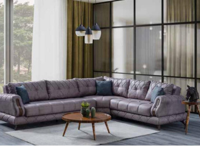 Modern corner sofa in gray leather furniture. Comfortable sofa L-shape new