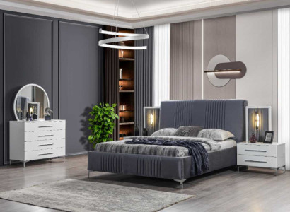 Stylish Bedroom Suite Gray Double bed Wood Bedside tables 5pcs