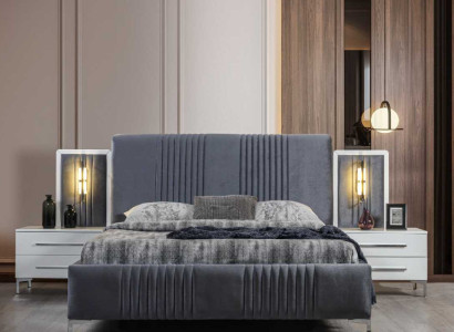Modern Gray Double bed 2x Wood Bedside tables Bedroom Suite