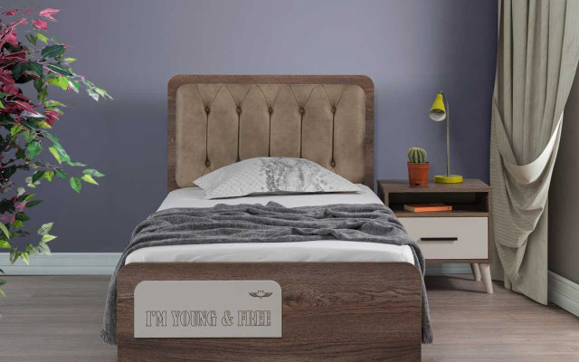Brown Childrens room single bed Designer Wood Bedside table 2-piece luxury set