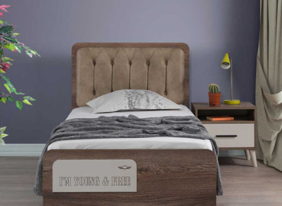 Brown Childrens room single bed Designer Wood Bedside table 2-piece luxury set