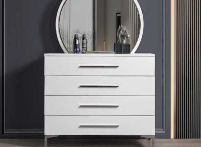 Four Door White Bedroom Chest of Drawers Designer Glass Round Mirror 2 Piece Set