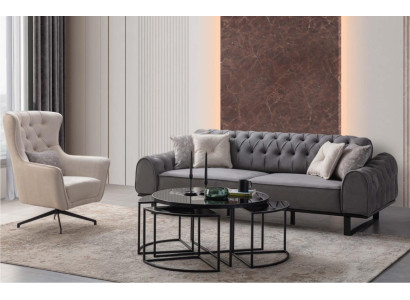 Gray Chesterfield Three Seater Luxury Upholstery White Armchair 2pc Set