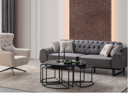 Gray Chesterfield Three Seater Luxury Upholstery White Armchair 2pc Set