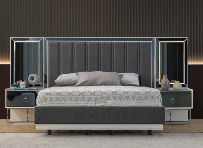 Gray Bedroom Suite stainless steel bed 2x Wood Bedside tables 3-piece set