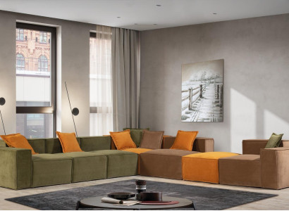 Corner sofa L-shape Modern Living room Green Material Wood Textile