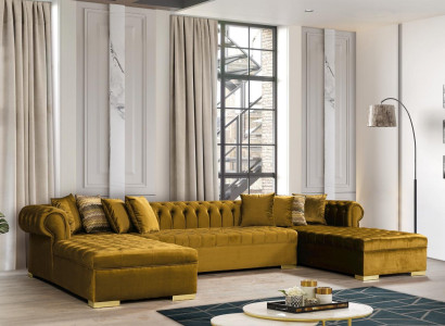 Chesterfield Living landscape Corner sofa Couch Gold Velvet fabric Corner sofa
