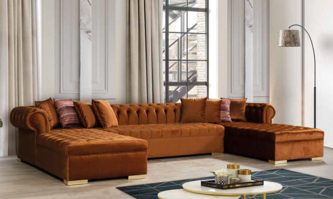 Chesterfield Living landscape Corner sofa Couch Orange Velvet fabric Corner sofa