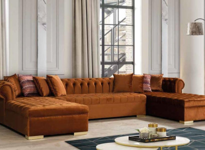 Chesterfield Living landscape Corner sofa Couch Orange Velvet fabric Corner sofa