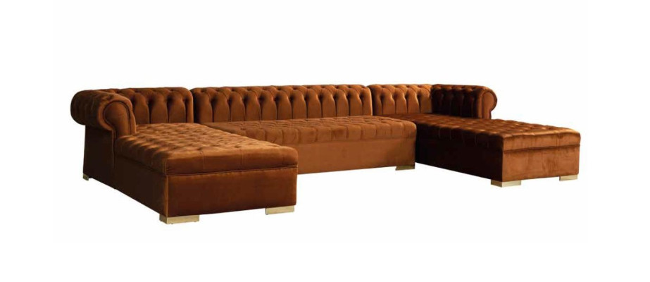 Chesterfield Living landscape Corner sofa Couch Orange Velvet fabric Corner sofa
