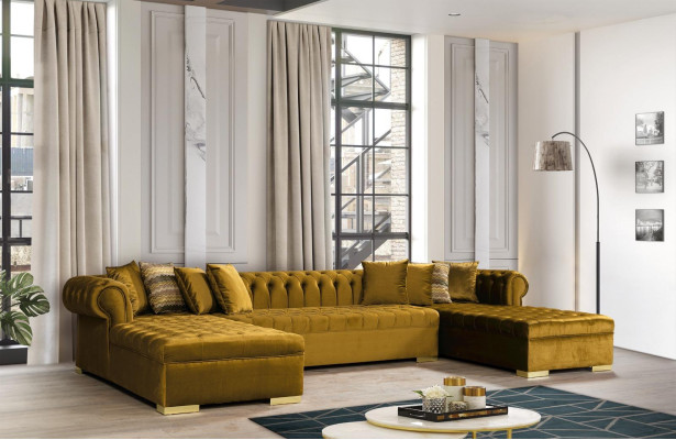 Chesterfield Living landscape Corner sofa Couch Orange Velvet fabric Corner sofa