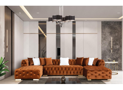 Living landscape Chesterfield Corner sofa Couch Gold Velvet fabric Corner sofa