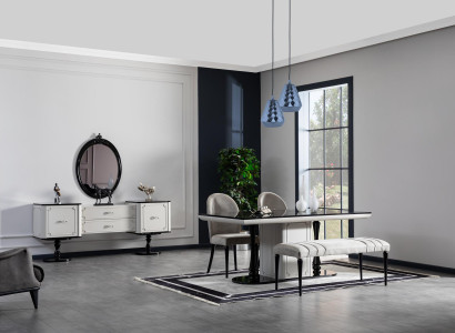 Dining room Table 4x Chairs Sideboard with Mirror Stool 7pcs. Set Group