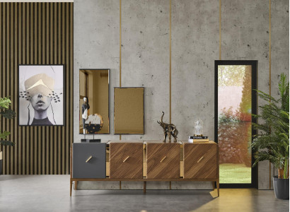 Sideboard 2x Mirror Living room Group Wood Design Set 3-piece new brown