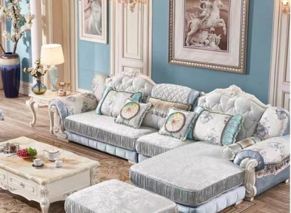 Chesterfield Couch Corner sofa with Stool Baroque Rococo Wood Textile Furniture