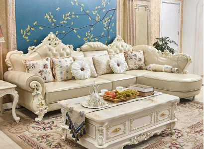 Living landscape Corner sofa L-shape Couch Furniture Leather Wood Sofa Chesterfield