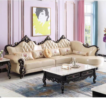 Corner sofa Couch Living landscape L-shape Baroque Rococo Wood Leather fiber fabric