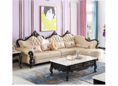 Corner sofa Couch Living landscape L-shape Baroque Rococo Wood Leather fiber fabric