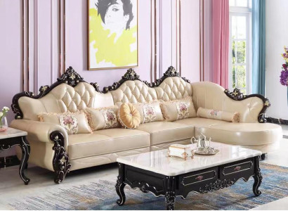 Corner sofa Couch Living landscape L-shape Baroque Rococo Wood Leather fiber fabric