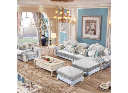 Chic set of L-shaped corner sofa + armchair + banquets in a single style