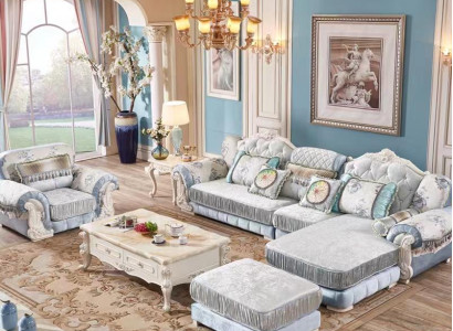 Chic set of L-shaped corner sofa + armchair + banquets in a single style