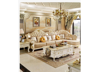 Living room Classic Baroque Rococo Corner sofa Leather Wood corner sets