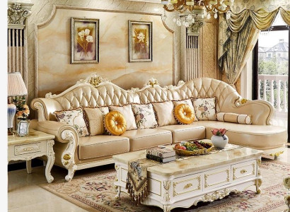 Living room Classic Baroque Rococo Corner sofa Leather Wood corner sets