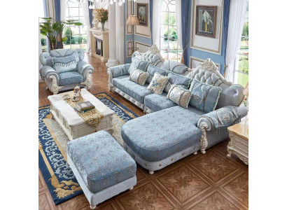Living room Corner sofa L-shape Sofa Couch Armchair Stool Living landscape Blue