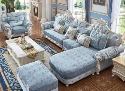 Living room Corner sofa L-shape Sofa Couch Armchair Stool Living landscape Blue