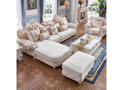 Corner sofa L-shape Armchair Stool Couch Wood with Textile Baroque Rococo