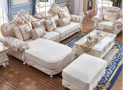 Corner sofa L-shape Armchair Stool Couch Wood with Textile Baroque Rococo