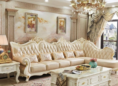 Living room Corner sofa Wood with Leather fiber fabric L-shape Chesterfield