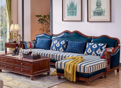 Blue e Leather Couch Corner sofa Upholstery Furniture Classic Chesterfield Furniture